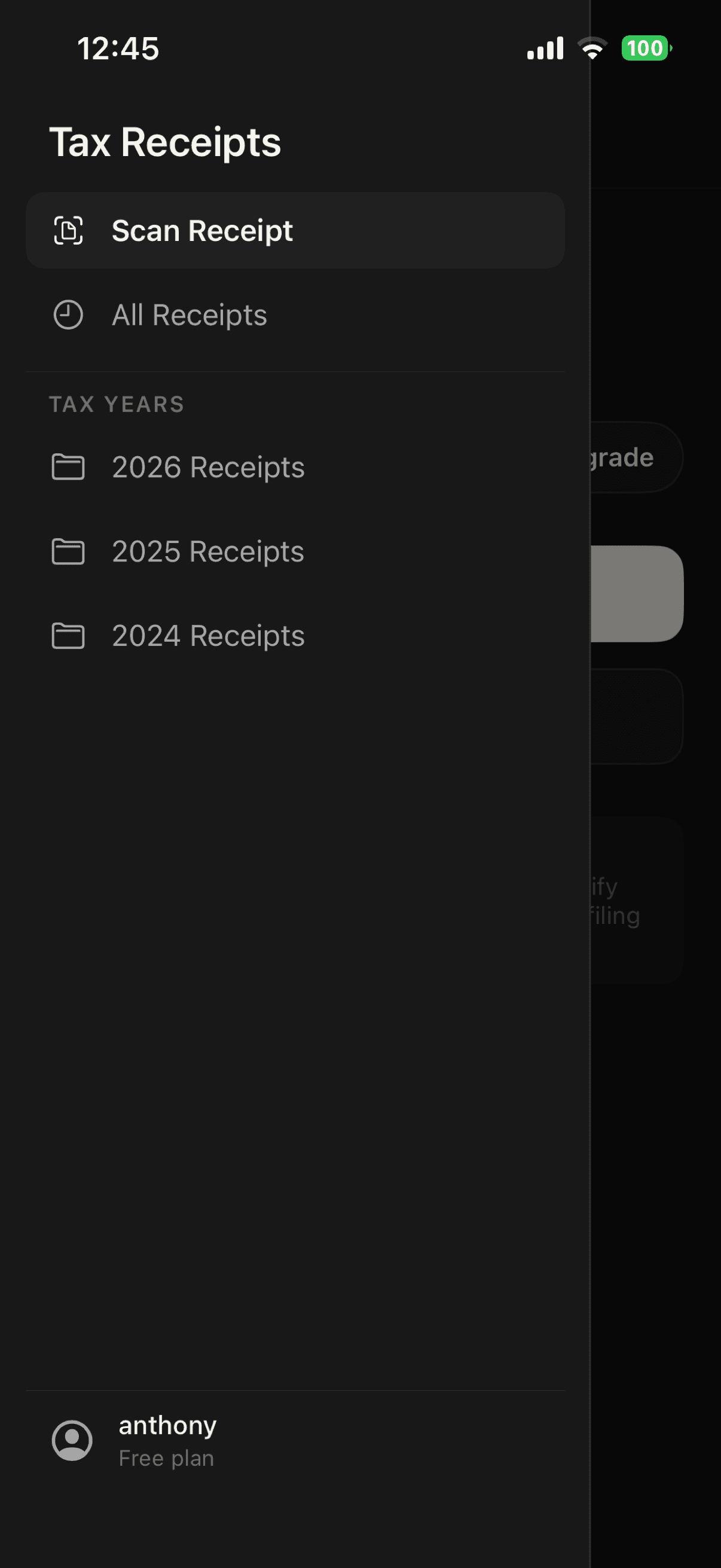 Tax Receipts navigation drawer with scan, all receipts, and tax years.