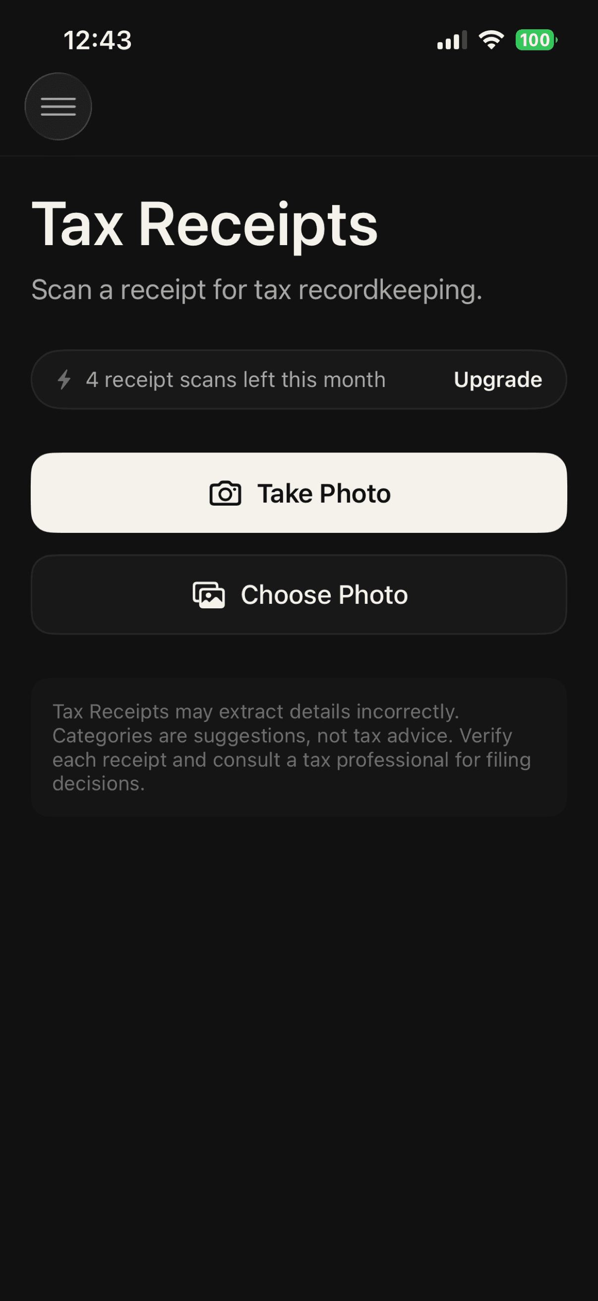 Tax Receipts scan screen with take photo and choose photo actions.